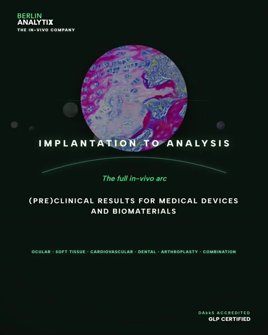 BerlinAnalytix services film: a histology planet above the title Implantation to Analysis.